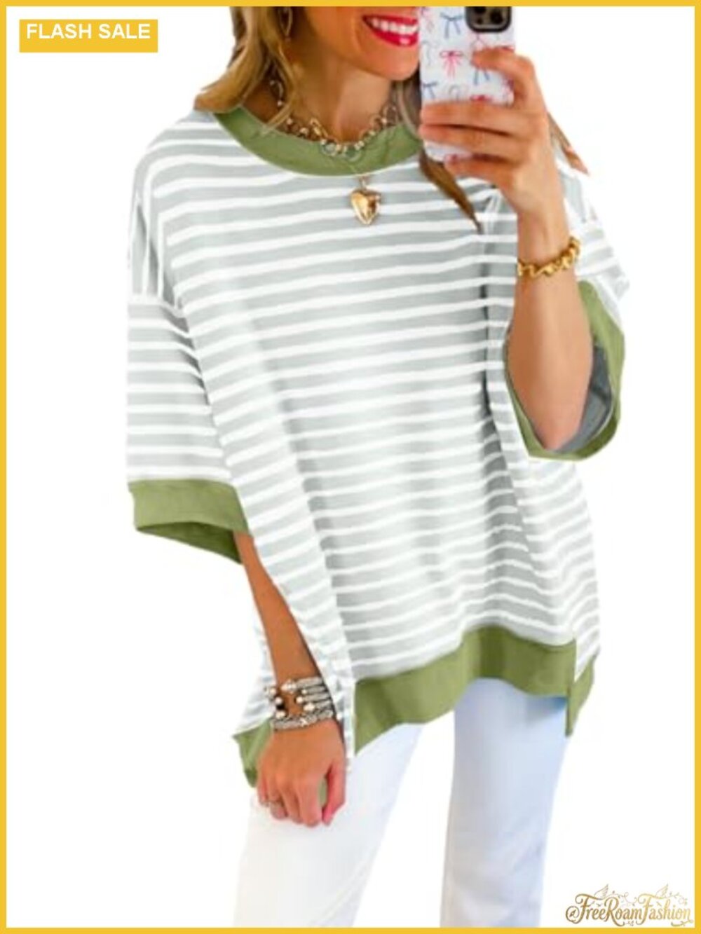 Womens Oversized Striped Crewneck Sweatshirt Short Sleeve Pullover Top